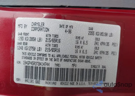 1996 Dodge Caravan Se/Sport z USA, uszkodzony, nr VIN 1B4GP45R3TB414744